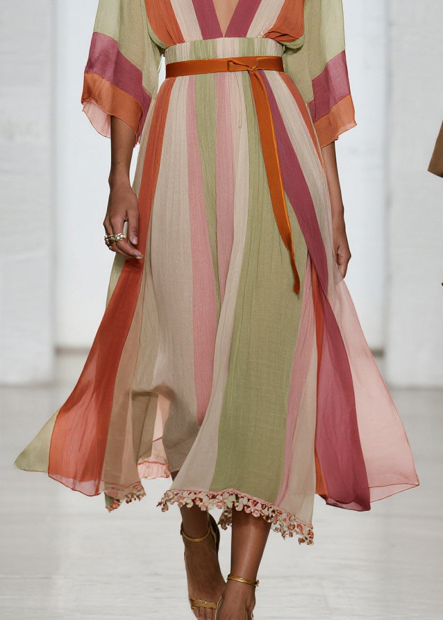 Simple Colorblock V Neck Patchwork Cotton Dress Bracelet Sleeve