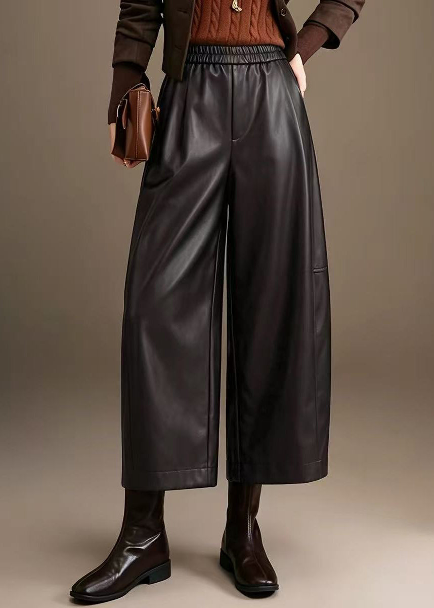 Simple Dark Coffee Elastic Waist Faux Leather Straight Leg Crop Pants Fall
