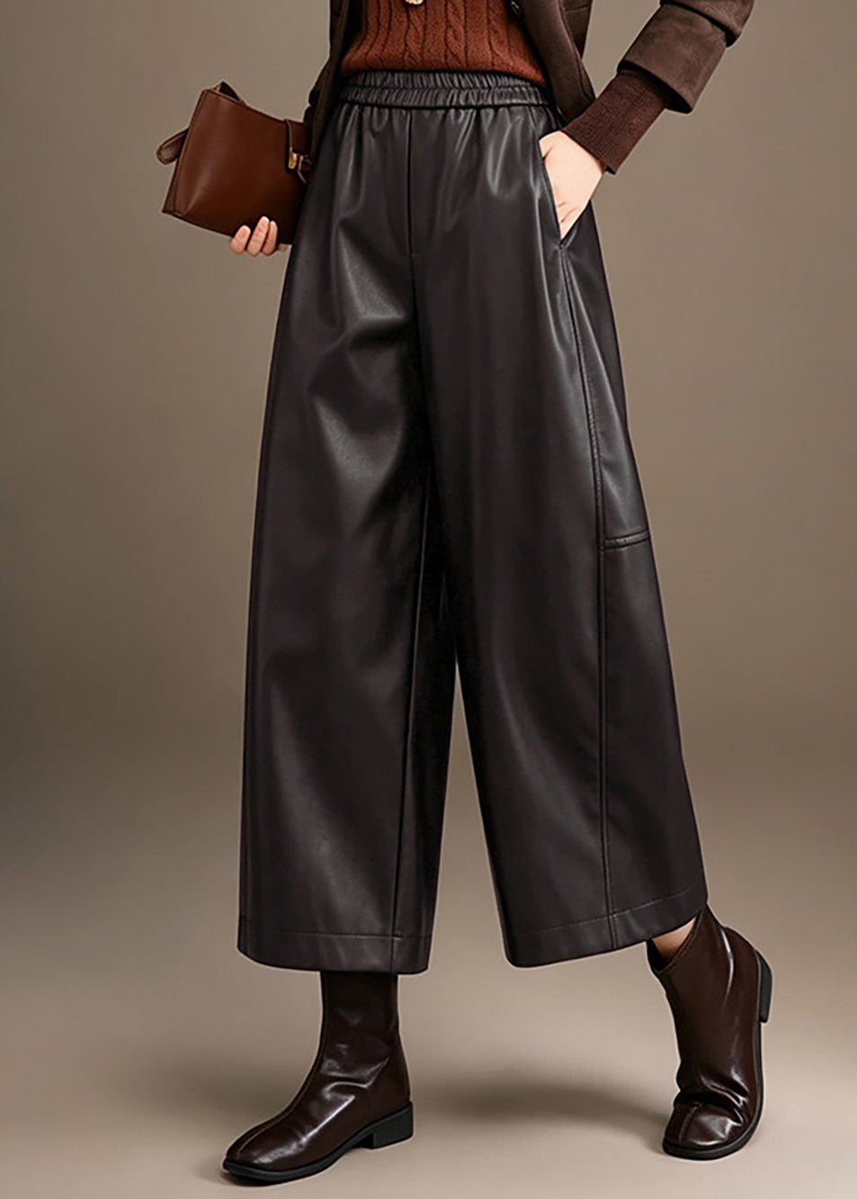 Simple Dark Coffee Elastic Waist Faux Leather Straight Leg Crop Pants Fall