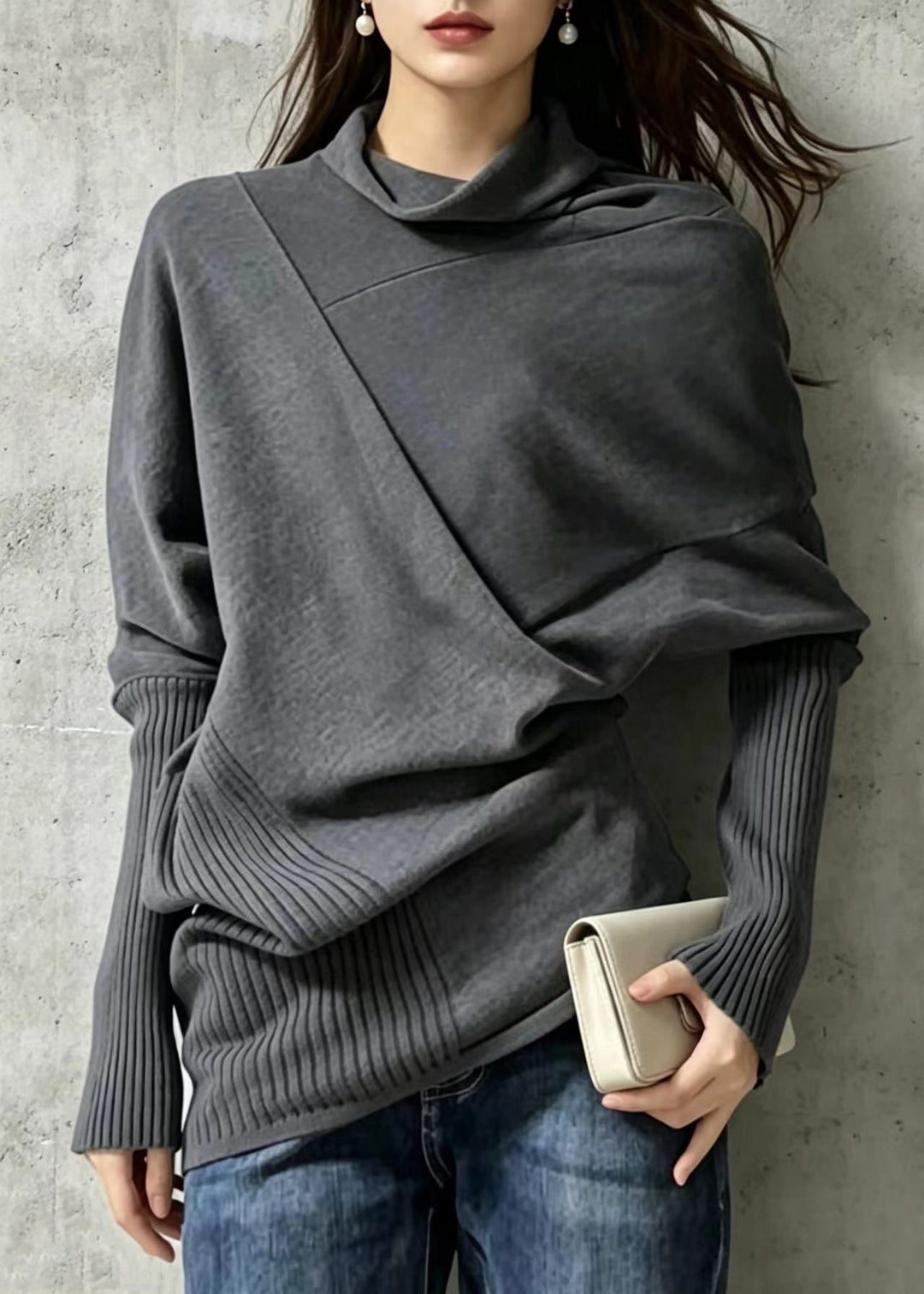 Simple Dark Gray Asymmetrical Turtleneck Knit Pullover Fall