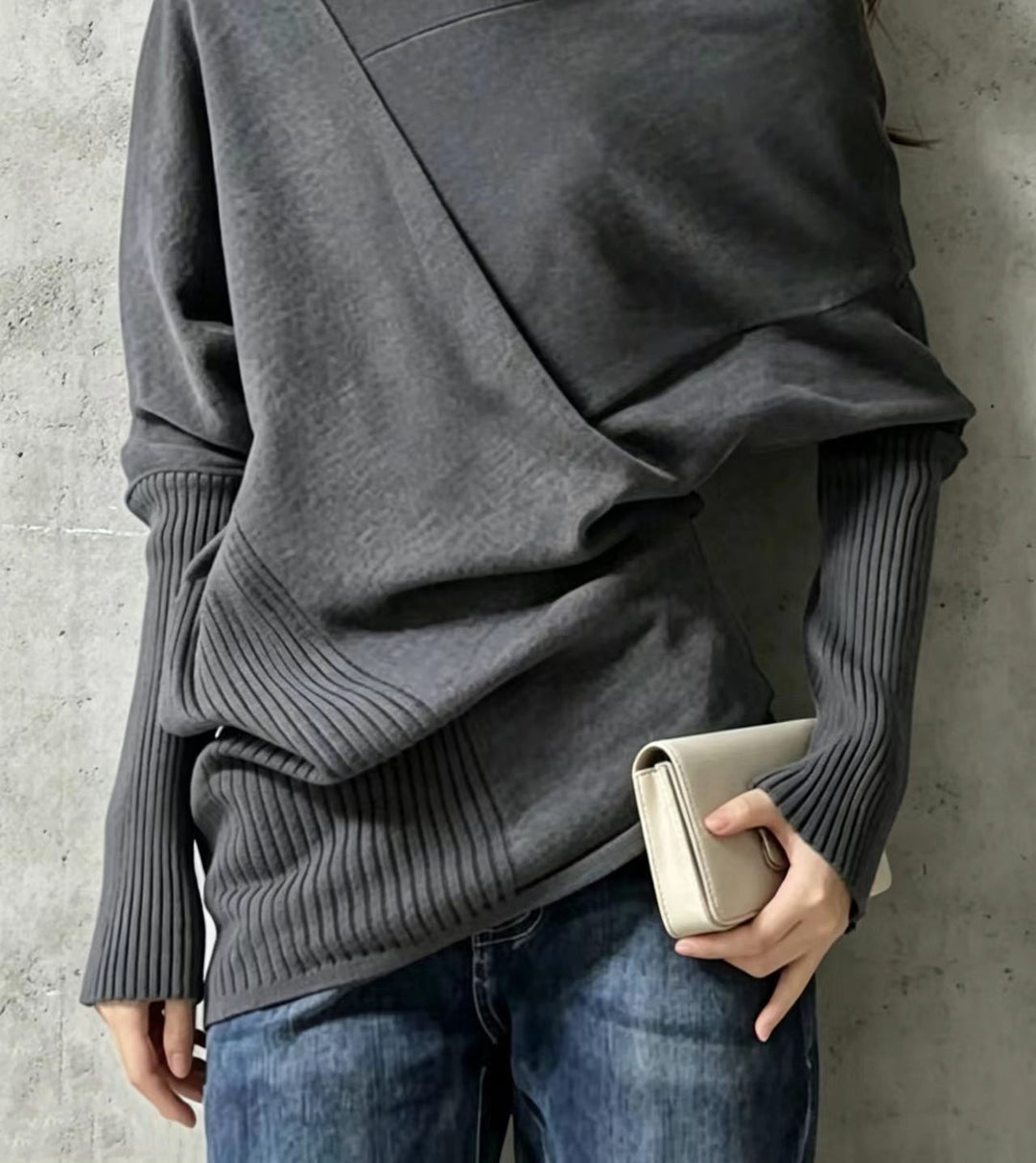 Simple Dark Gray Asymmetrical Turtleneck Knit Pullover Fall