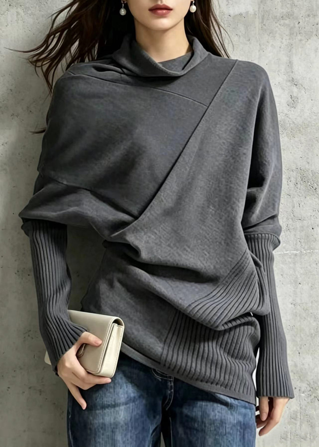 Simple Dark Gray Asymmetrical Turtleneck Knit Pullover Fall
