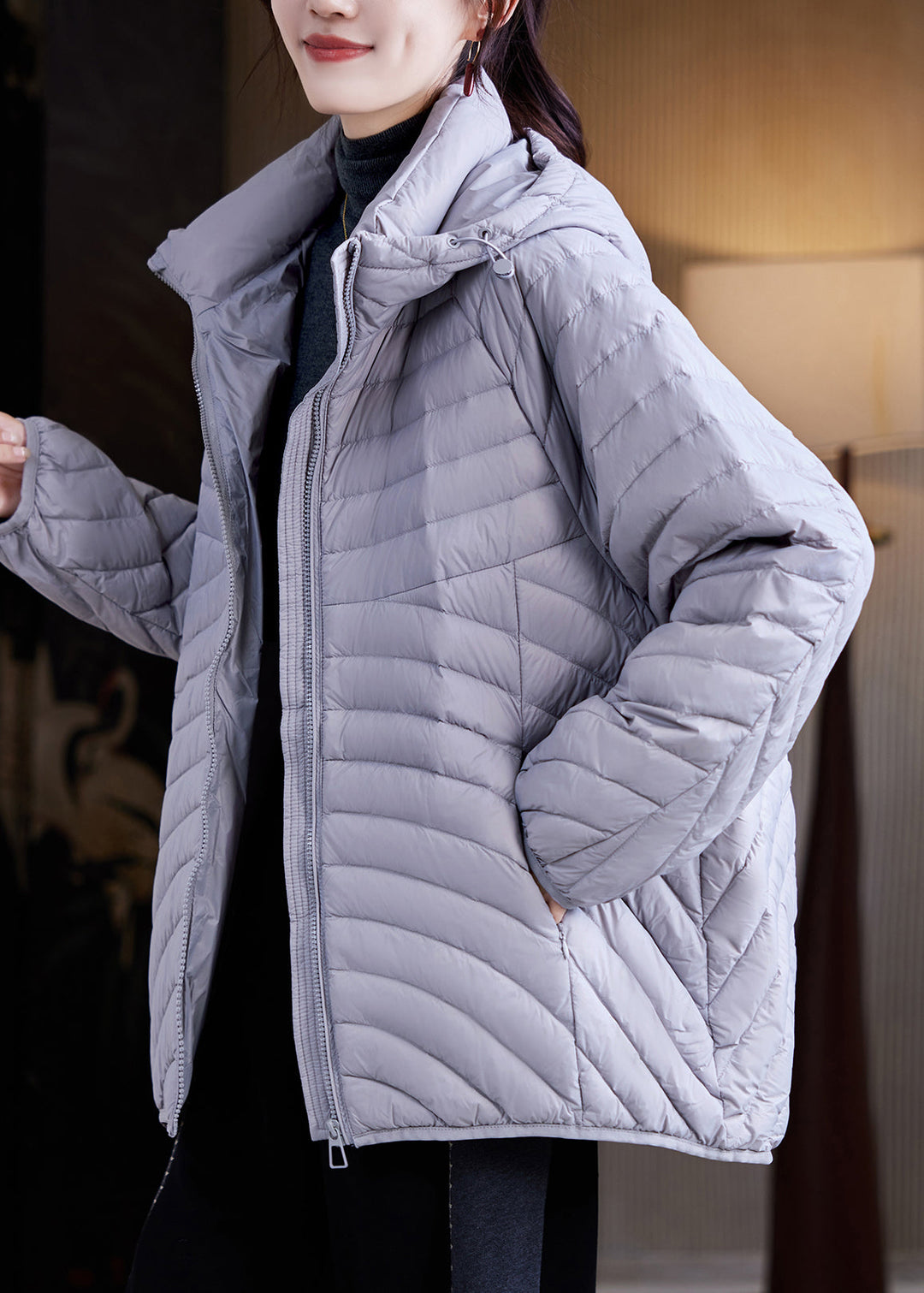 Simple Dark Purple Zippered Pockets Patchwork Hooded Parka Winter