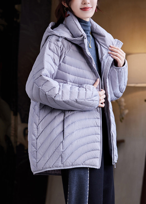 Simple Dark Purple Zippered Pockets Patchwork Hooded Parka Winter