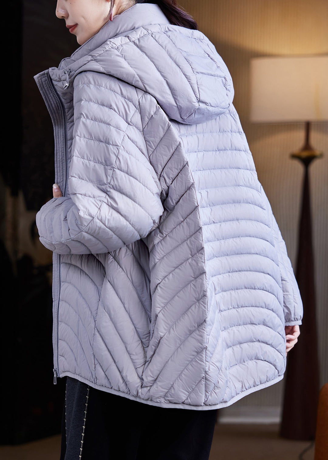 Simple Dark Purple Zippered Pockets Patchwork Hooded Parka Winter