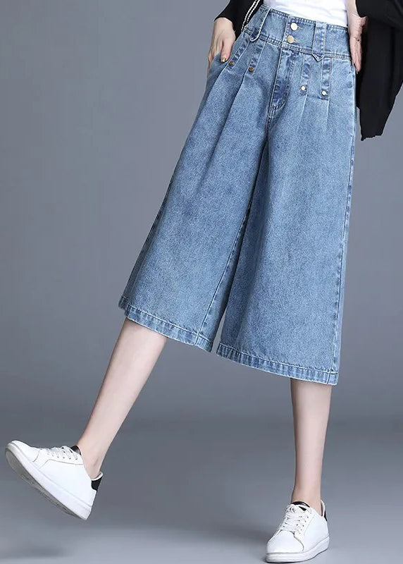 Simple Denim Blue High Waist Wide Leg Crop Pants Trousers Summer
