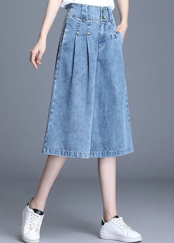 Simple Denim Blue High Waist Wide Leg Crop Pants Trousers Summer