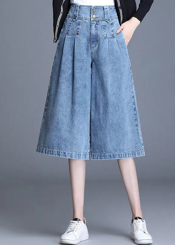 Simple Denim Blue High Waist Wide Leg Crop Pants Trousers Summer