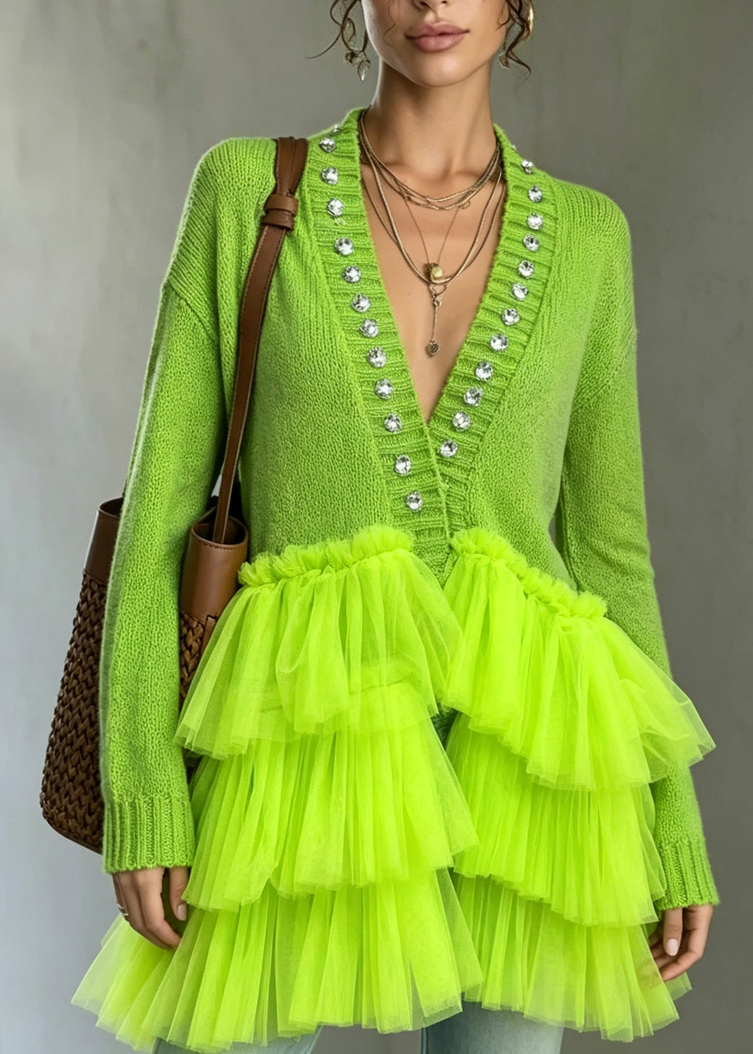 Simple Fluorescent Green Rhinestone Patchwork Tulle Cardigan Fall
