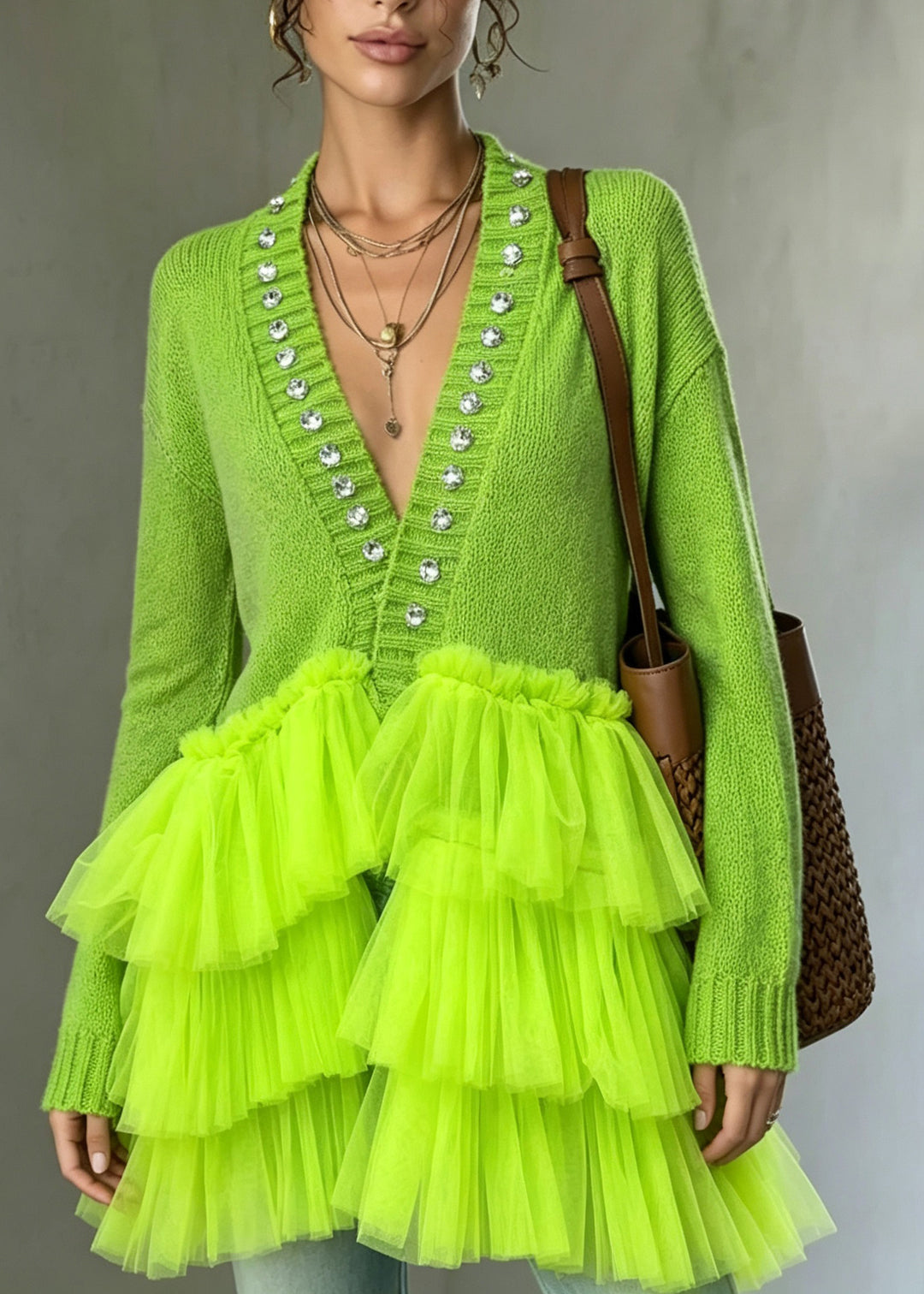 Simple Fluorescent Green Rhinestone Patchwork Tulle Cardigan Fall