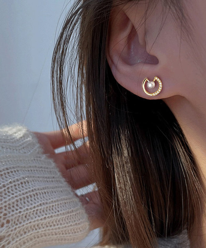 Simple Gold Copper Pearl Zircon Stud Earrings