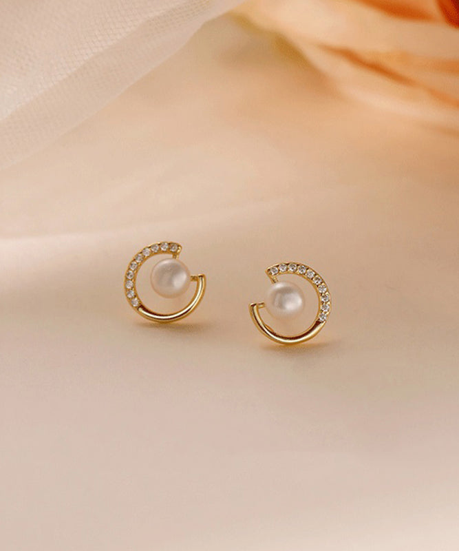 Simple Gold Copper Pearl Zircon Stud Earrings