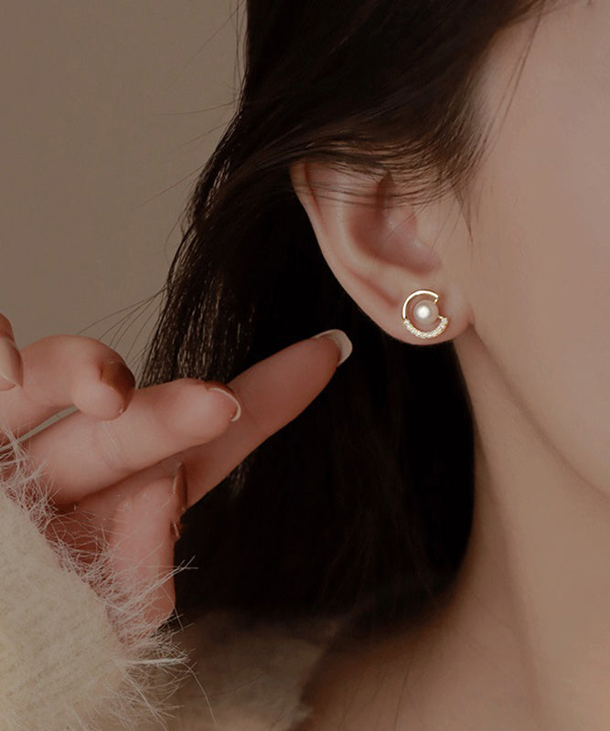 Simple Gold Copper Pearl Zircon Stud Earrings