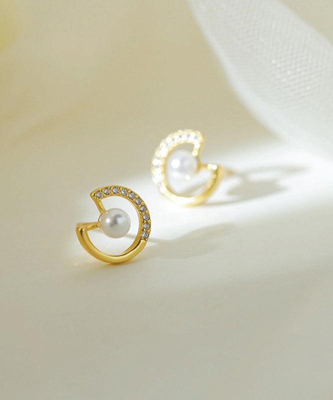 Simple Gold Copper Pearl Zircon Stud Earrings