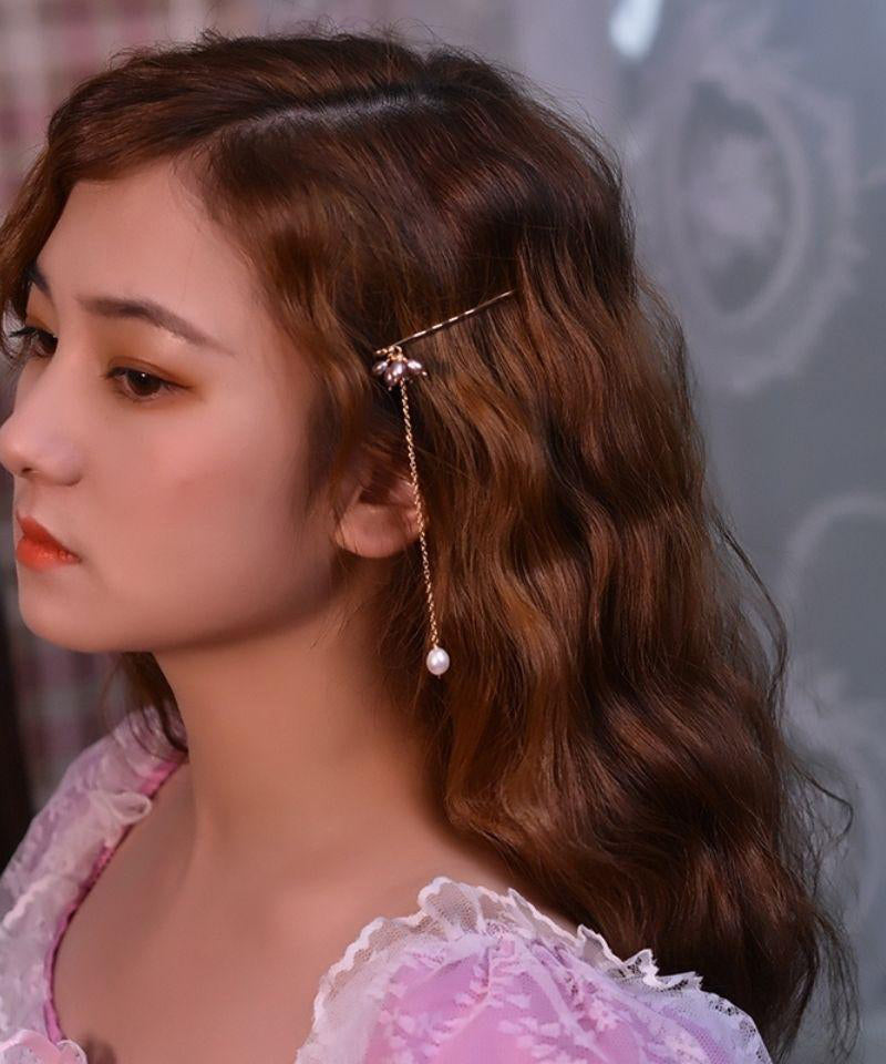 Simple Gold Metal Overgild Pearl Tassel Hairpin