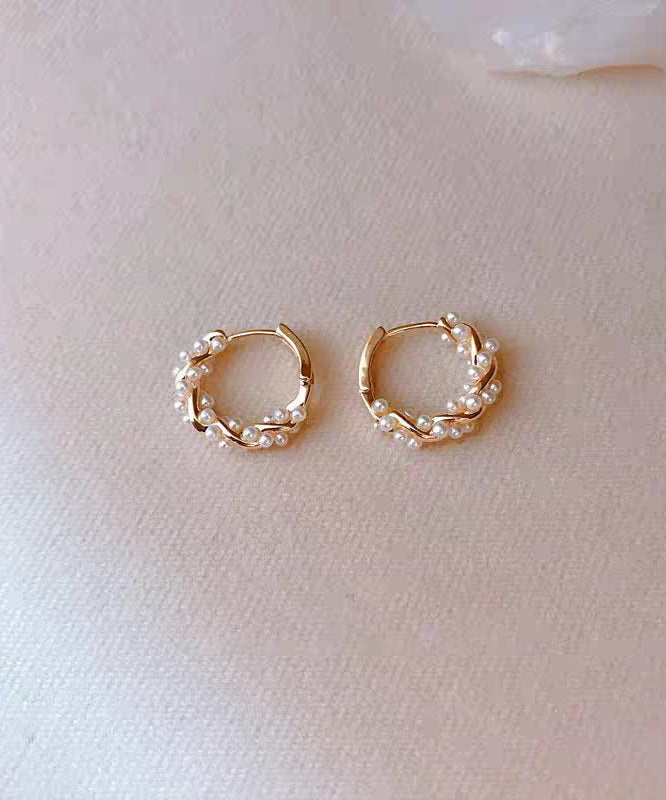 Simple Gold Sterling Silver Overgild Pearl Hoop Earrings