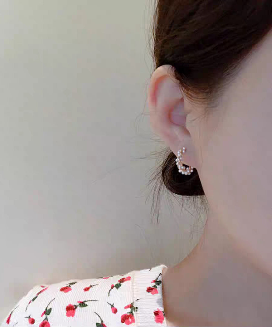 Simple Gold Sterling Silver Overgild Pearl Hoop Earrings