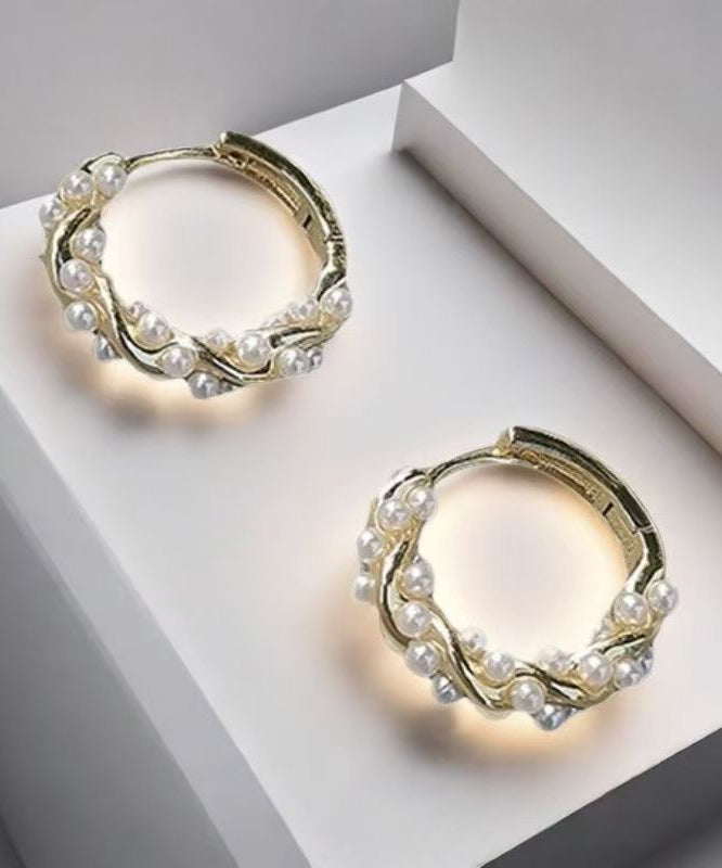 Simple Gold Sterling Silver Overgild Pearl Hoop Earrings