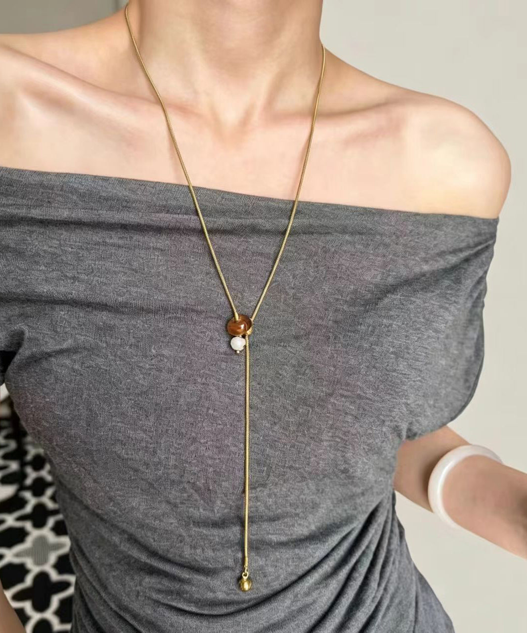 Simple Gold Tiger Eye Natural Stone Titanium Steel Chain Lariat Necklace