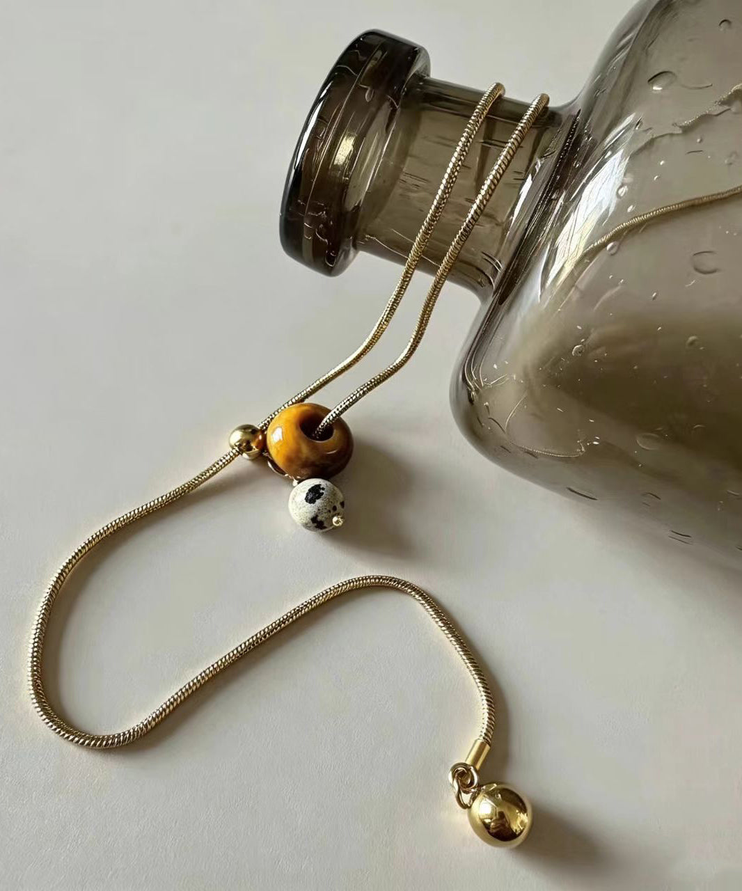 Simple Gold Tiger Eye Natural Stone Titanium Steel Chain Lariat Necklace