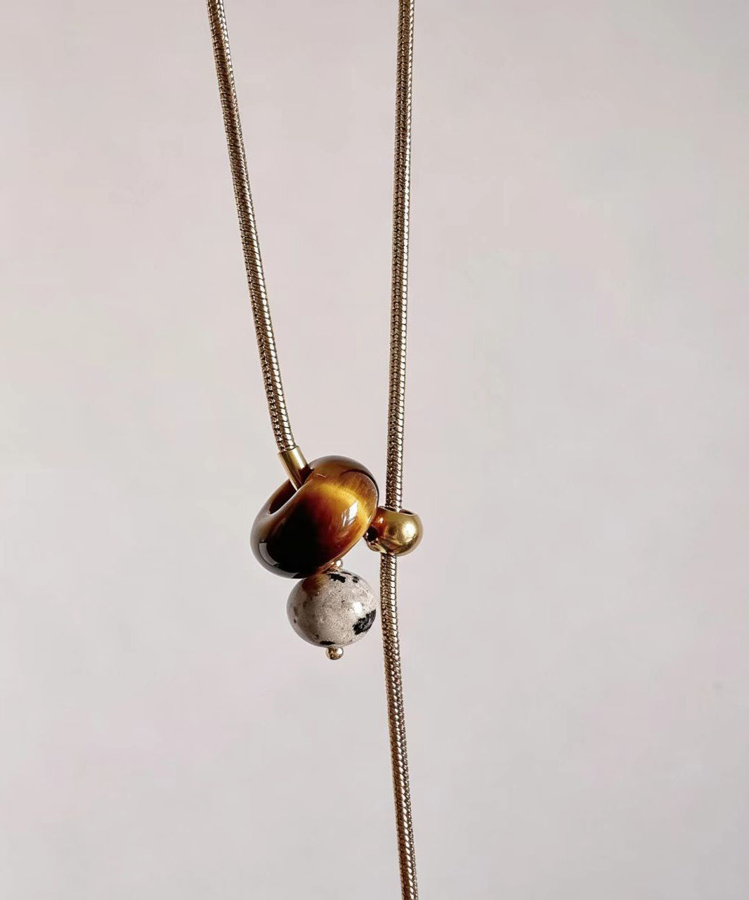Simple Gold Tiger Eye Natural Stone Titanium Steel Chain Lariat Necklace