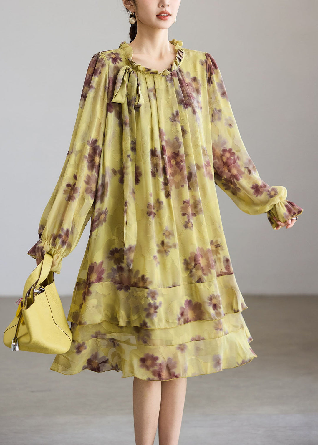 Simple Green Base Coffee Floral Ruffled Lace Up Bow Layered Dress Fall