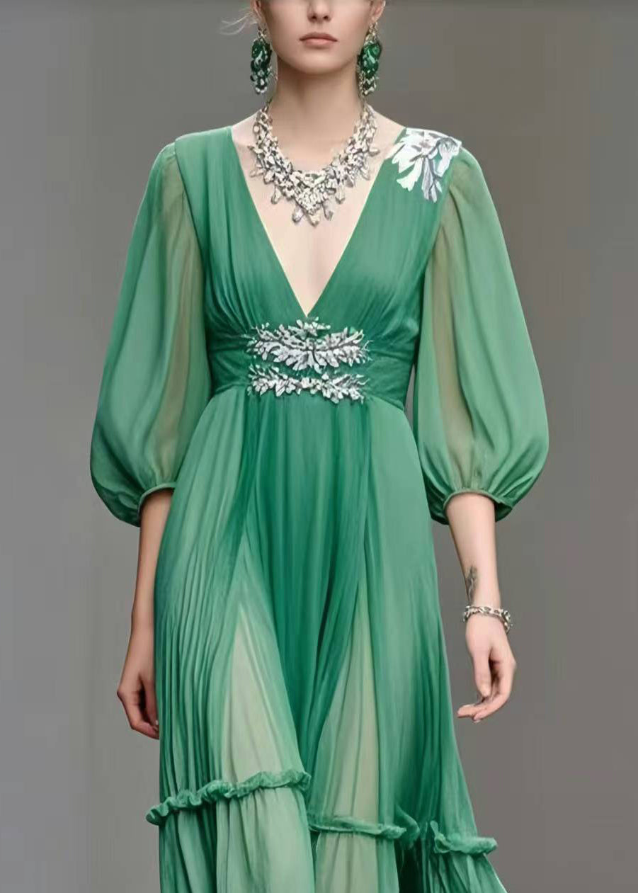 Simple Green Cinched Exra Large Hem Chiffon Dress Bracelet Sleeve