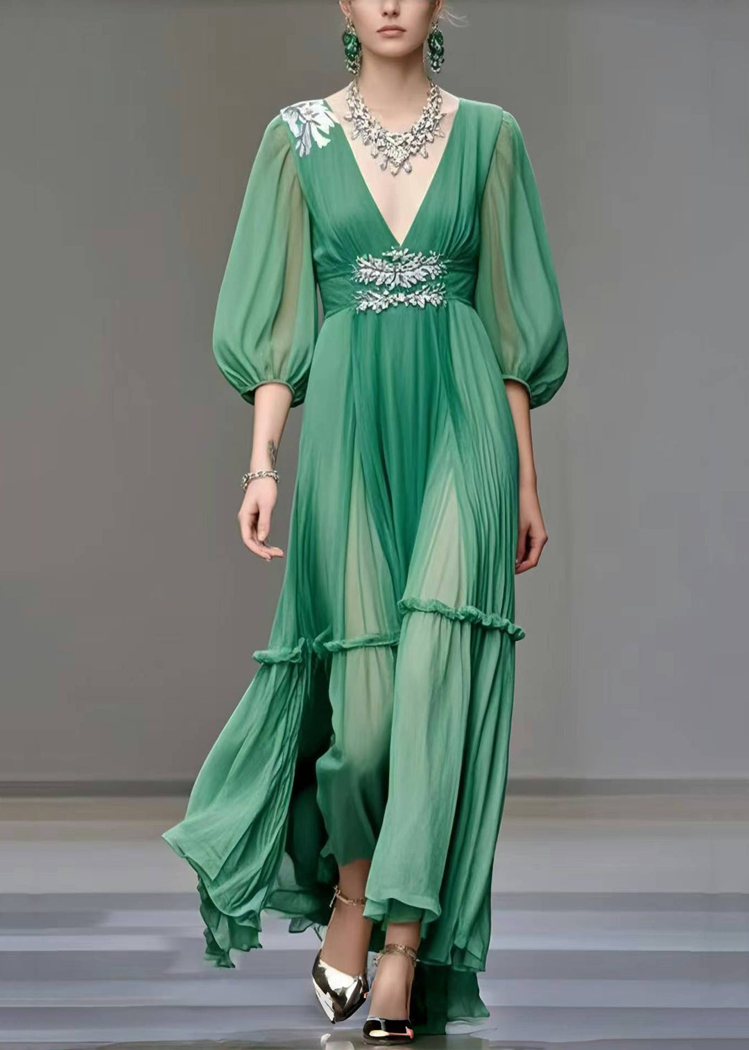 Simple Green Cinched Exra Large Hem Chiffon Dress Bracelet Sleeve