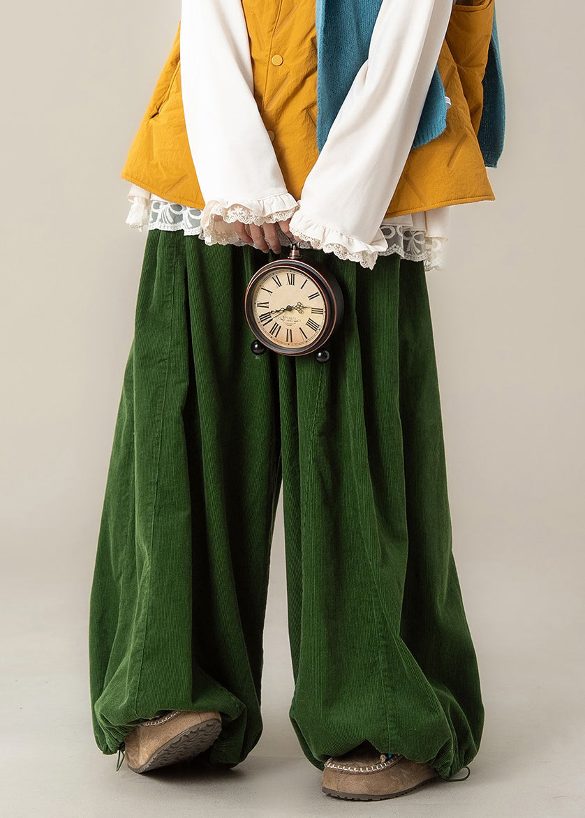 Simple Green Drawstring Elastic Waist Cotton Wide Leg Pants Fall