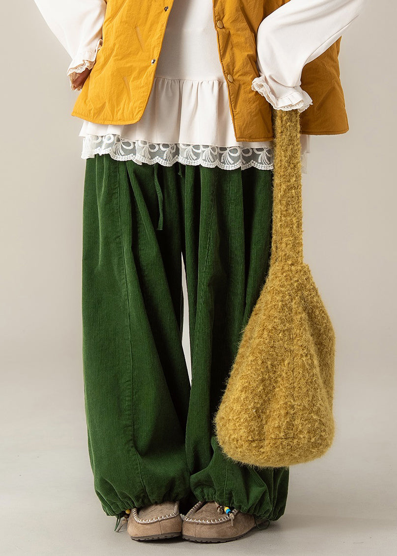 Simple Green Drawstring Elastic Waist Cotton Wide Leg Pants Fall