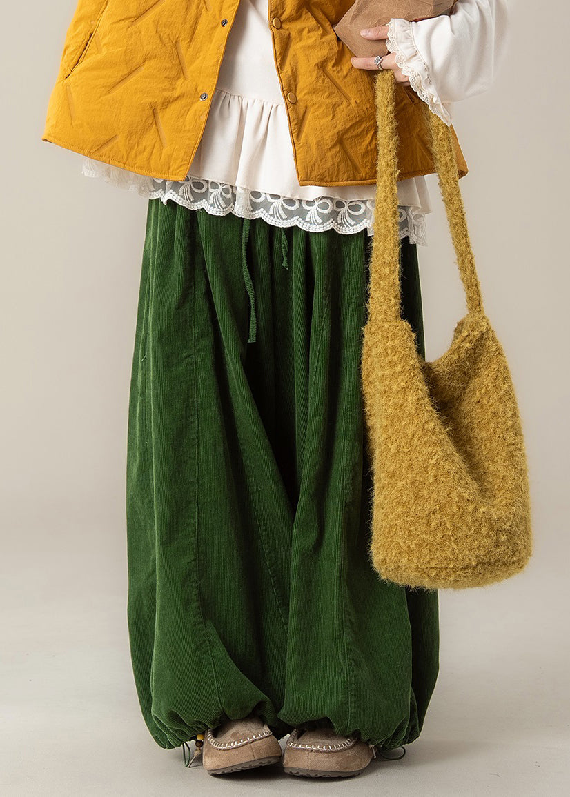 Simple Green Drawstring Elastic Waist Cotton Wide Leg Pants Fall