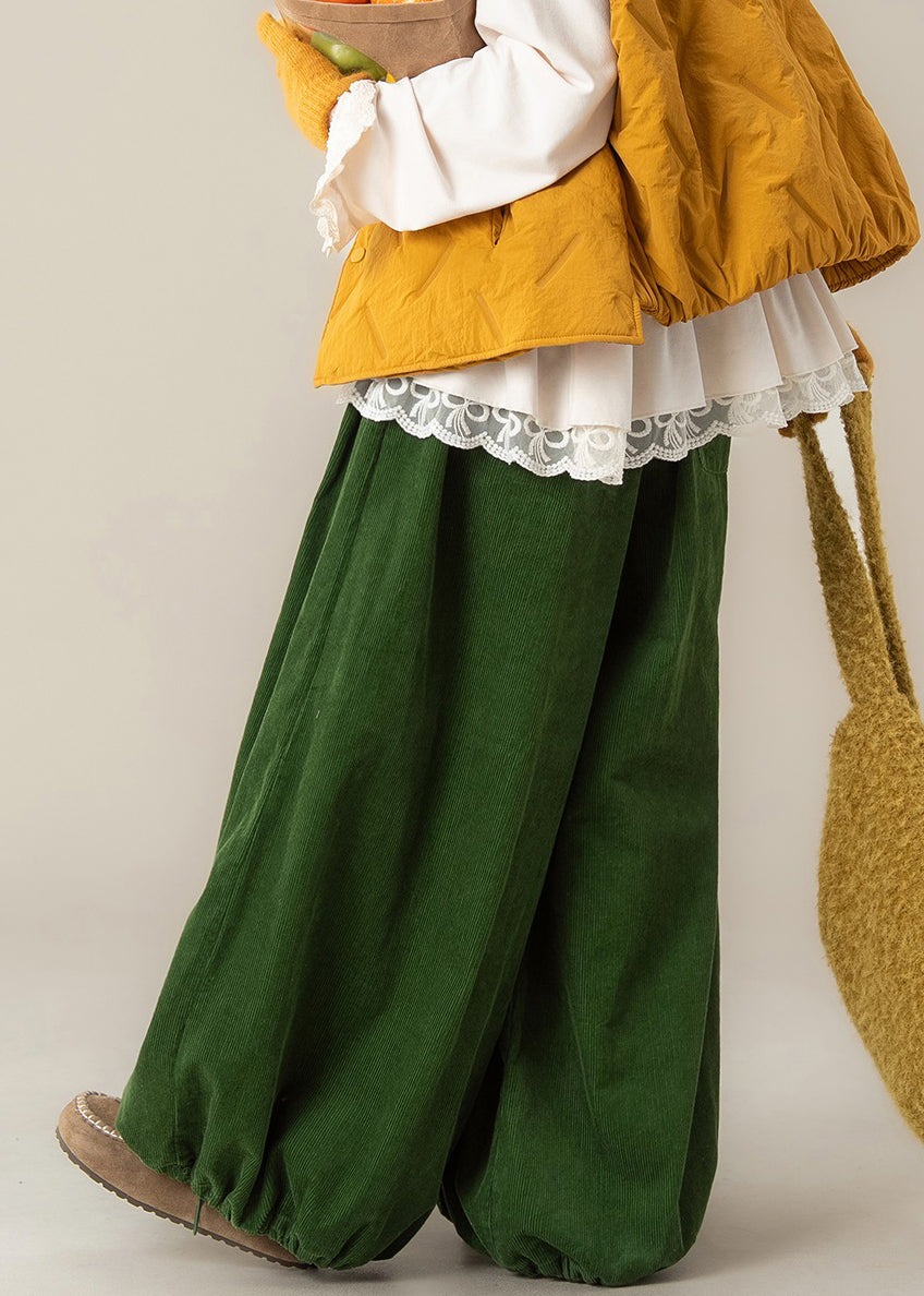 Simple Green Drawstring Elastic Waist Cotton Wide Leg Pants Fall
