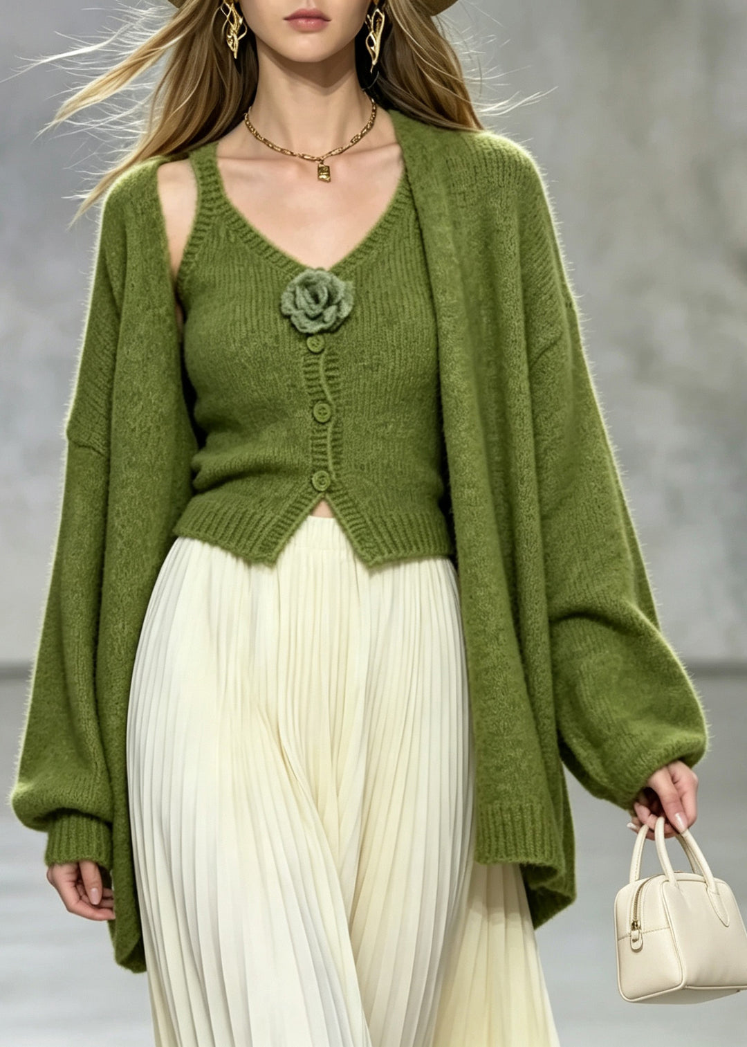 Simple Green Knit Floral Cami Dress And Cardigan Two Piece Set Fall