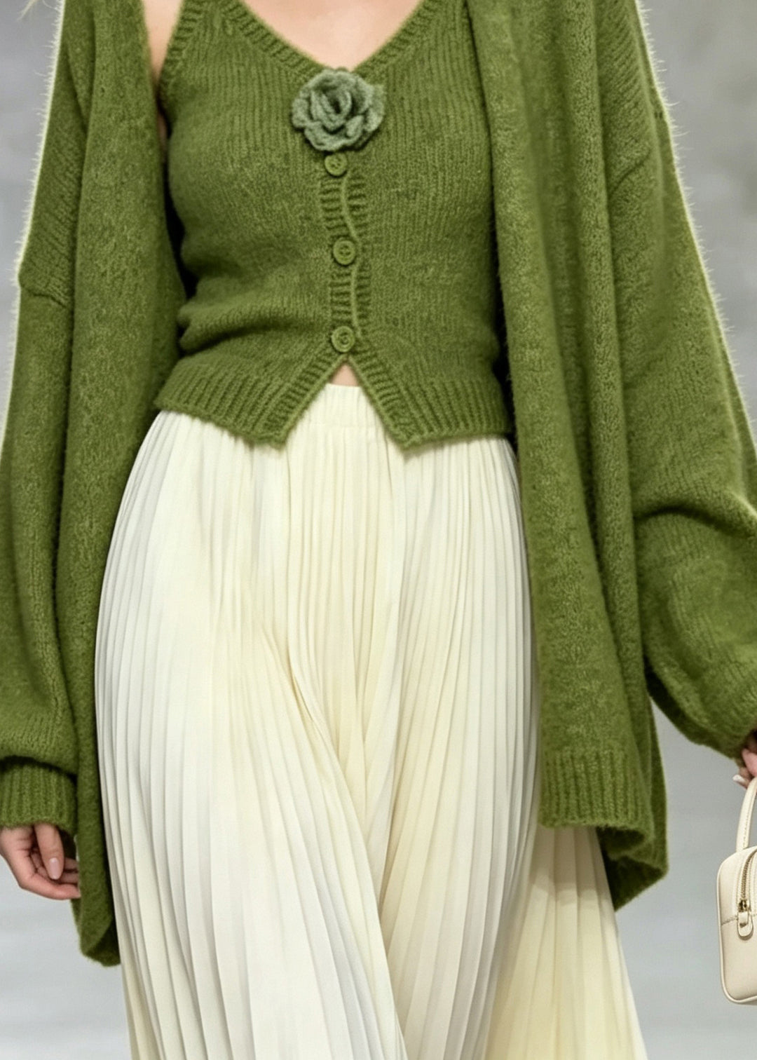 Simple Green Knit Floral Cami Dress And Cardigan Two Piece Set Fall