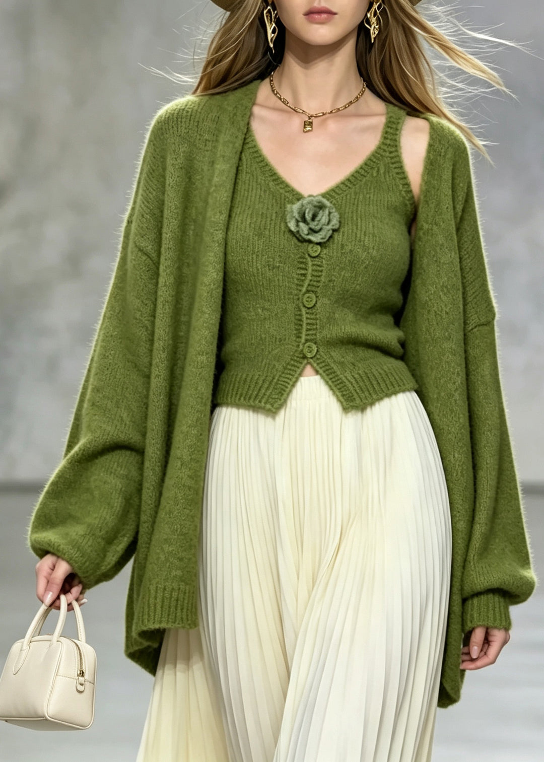 Simple Green Knit Floral Cami Dress And Cardigan Two Piece Set Fall