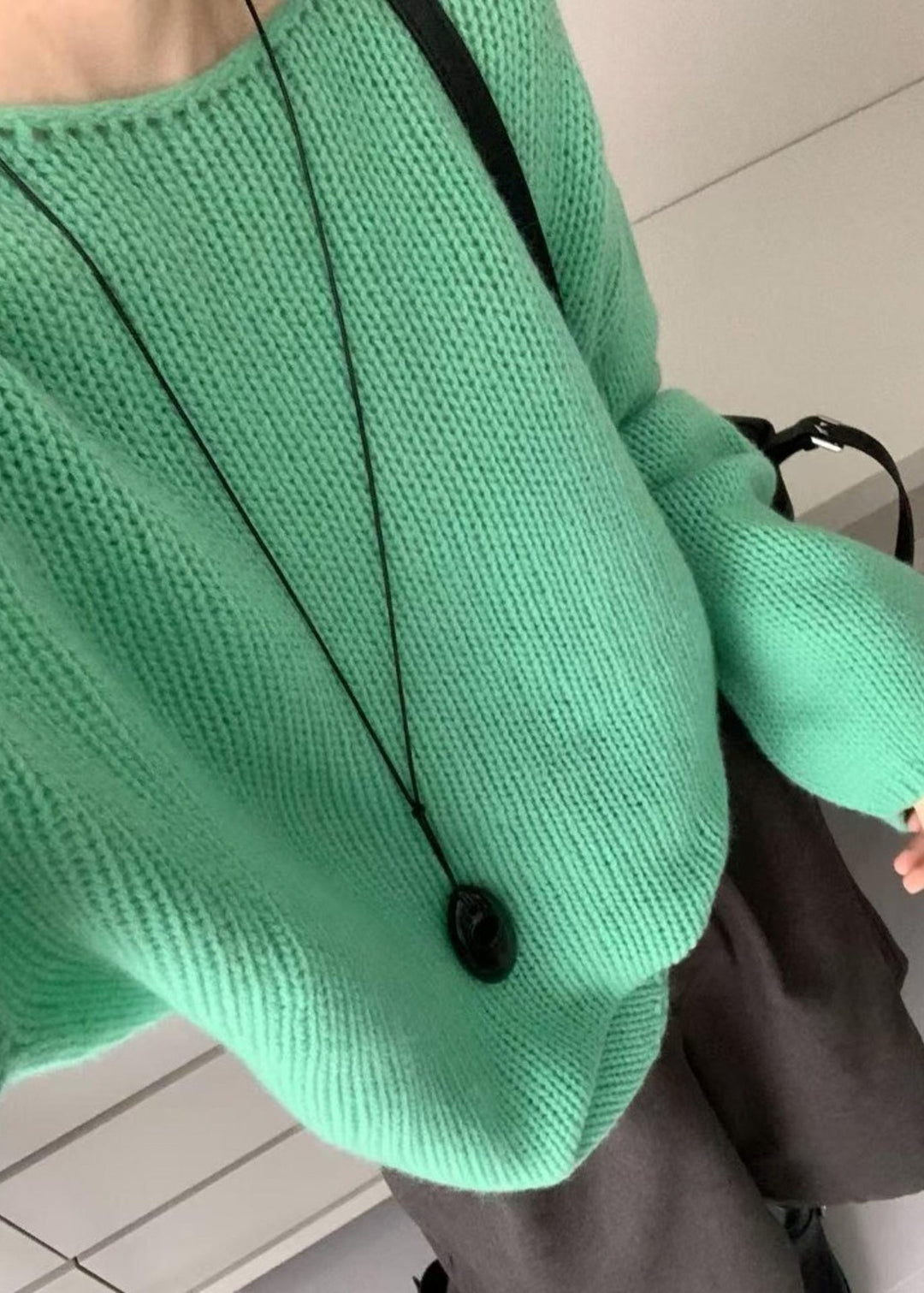 Simple Green O Neck Patchwork Knit Sweater Tops Lantern Sleeve