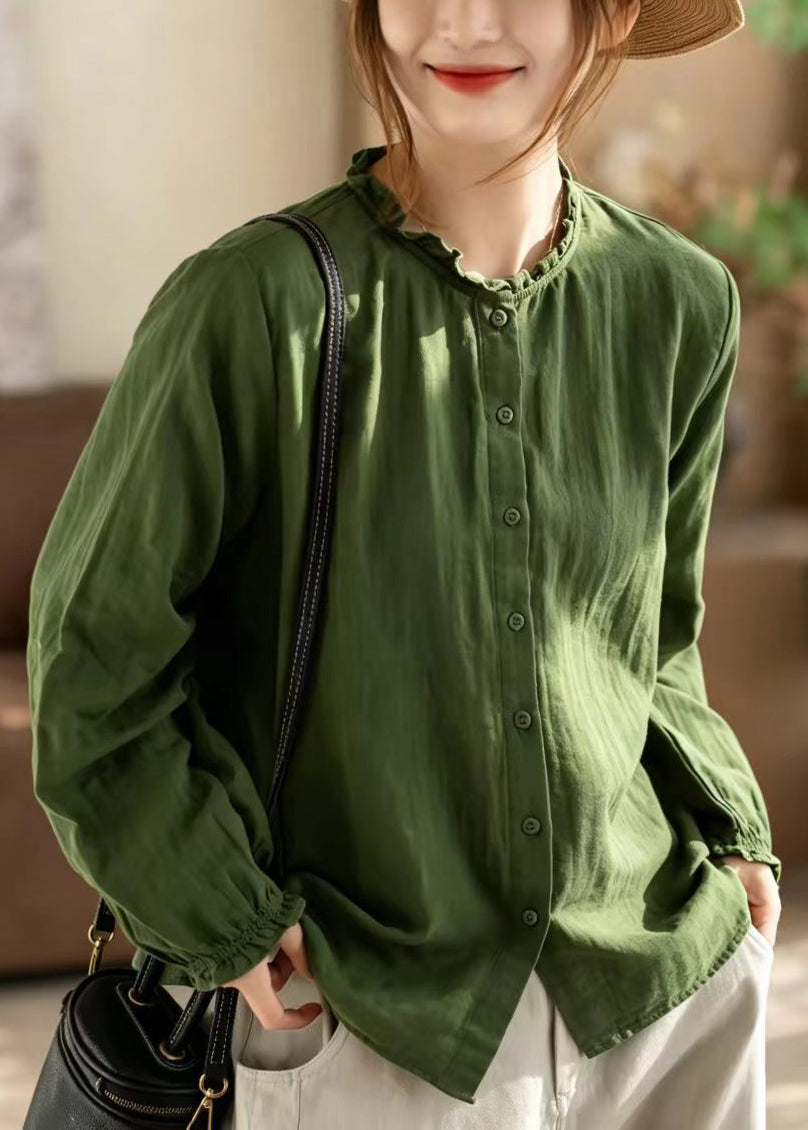 Simple Green O-Neck Ruffled Button Down Shirts Long Sleeve