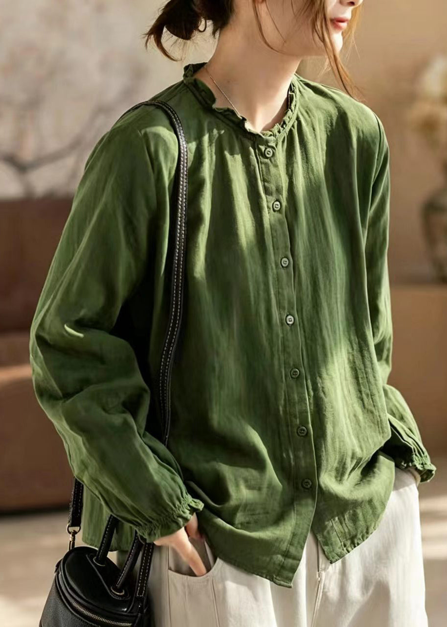Simple Green O-Neck Ruffled Button Down Shirts Long Sleeve