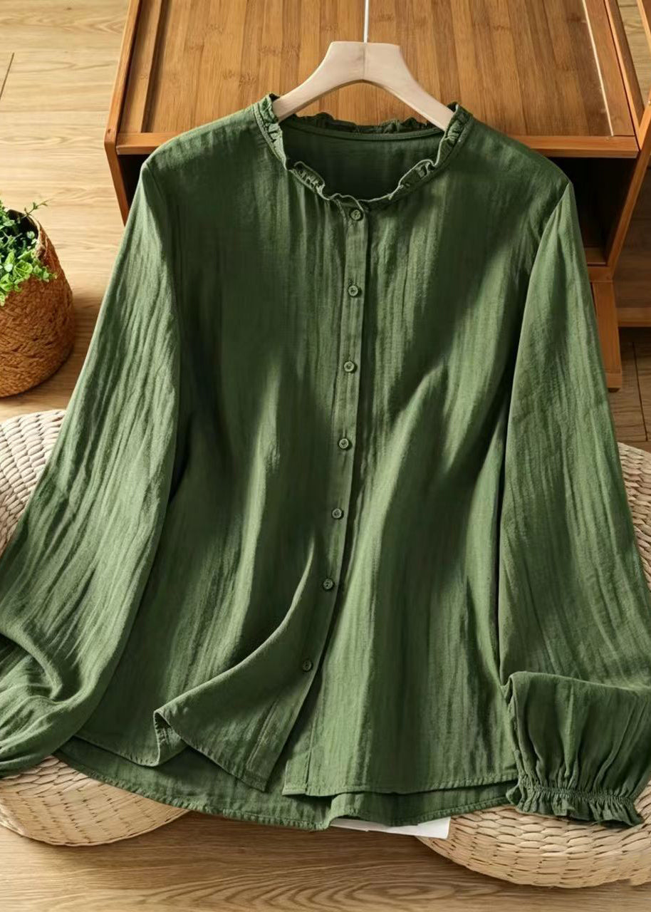 Simple Green O-Neck Ruffled Button Down Shirts Long Sleeve