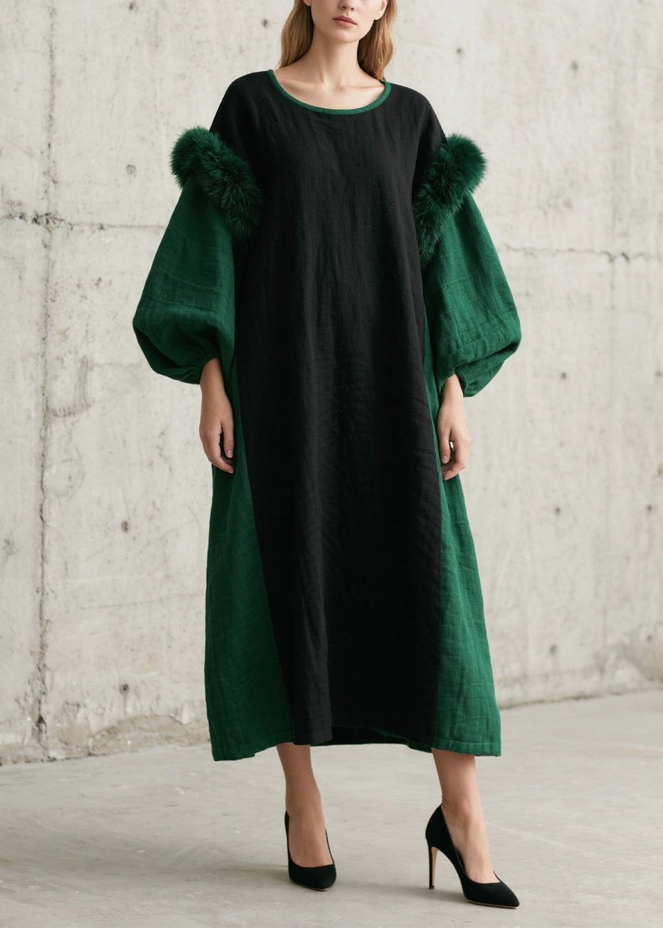 Simple Green Oversized Patchwork Faux Fur Dresses Lantern Sleeve