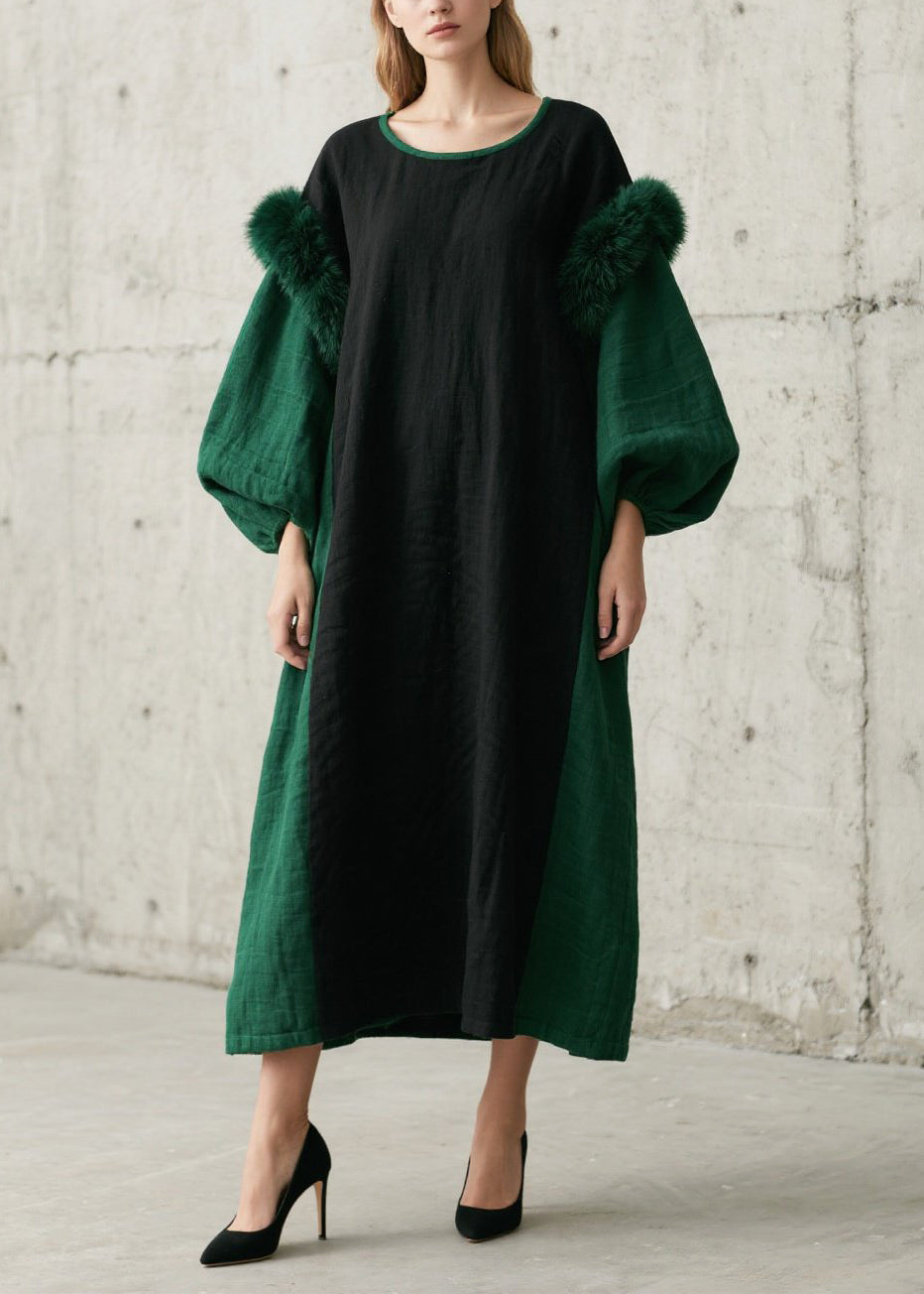 Simple Green Oversized Patchwork Faux Fur Dresses Lantern Sleeve