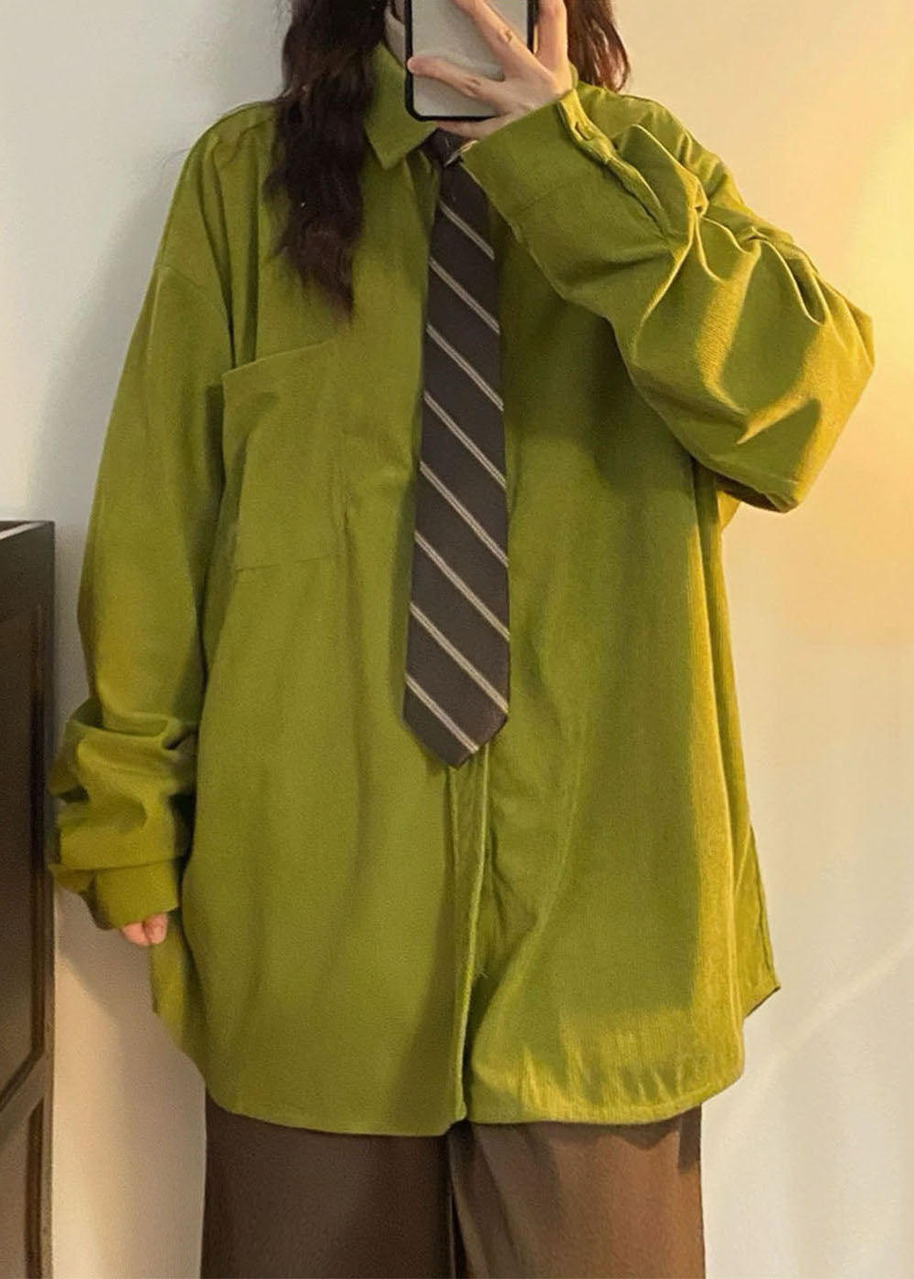 Simple Green Peter Pan Collar Button Pockets Cotton Blouses Spring