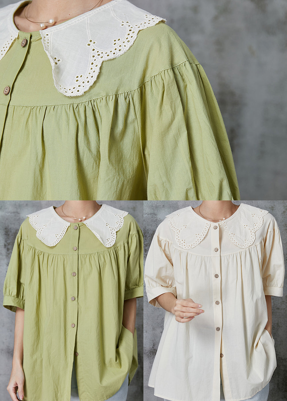 Simple Green Peter Pan Collar Patchwork Cotton Blouse Top Summer