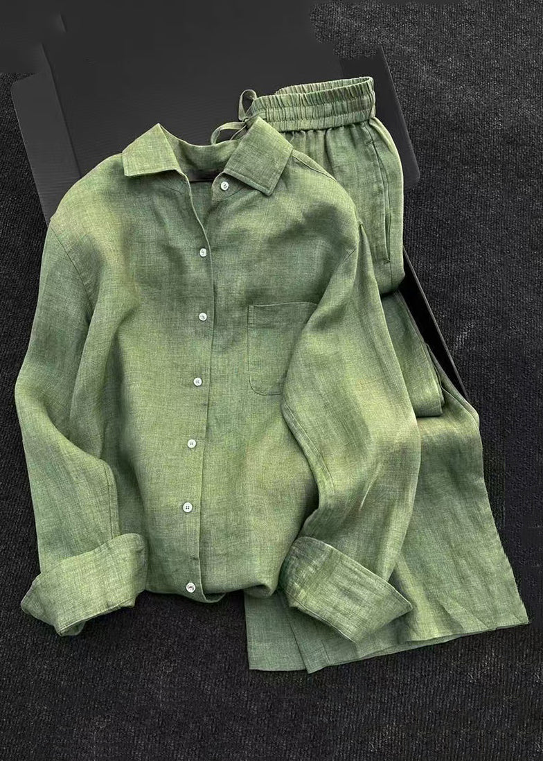 Simple Green Peter Pan Collar Shirt And Pants Linen Two Pieces Set Fall