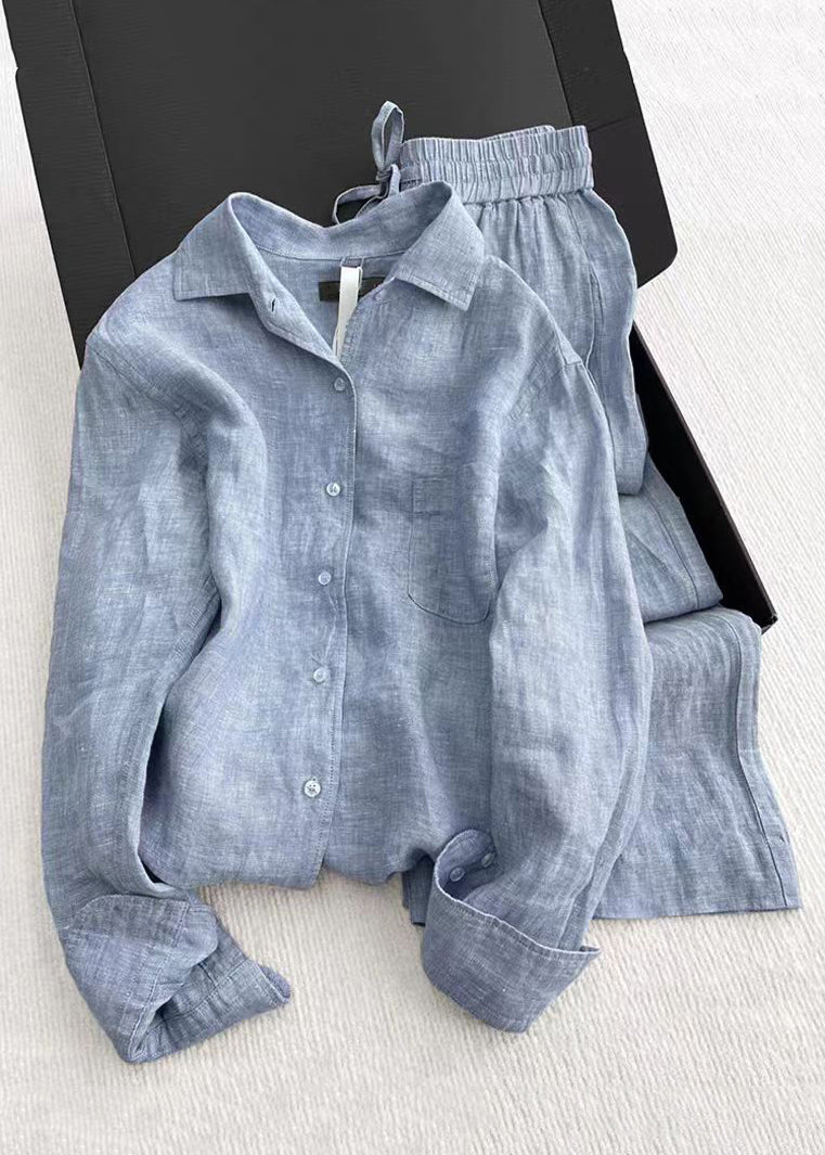 Simple Green Peter Pan Collar Shirt And Pants Linen Two Pieces Set Fall