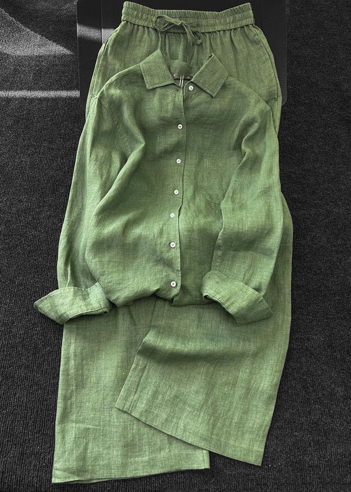 Simple Green Peter Pan Collar Shirt And Pants Linen Two Pieces Set Fall