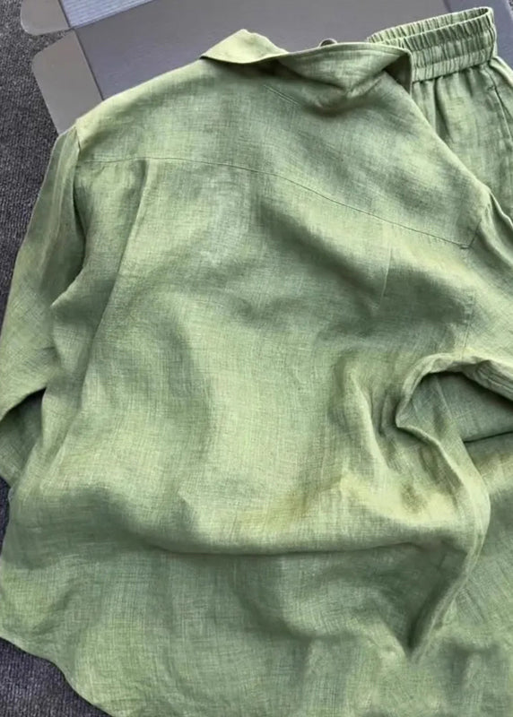Simple Green Peter Pan Collar Shirt And Pants Linen Two Pieces Set Fall