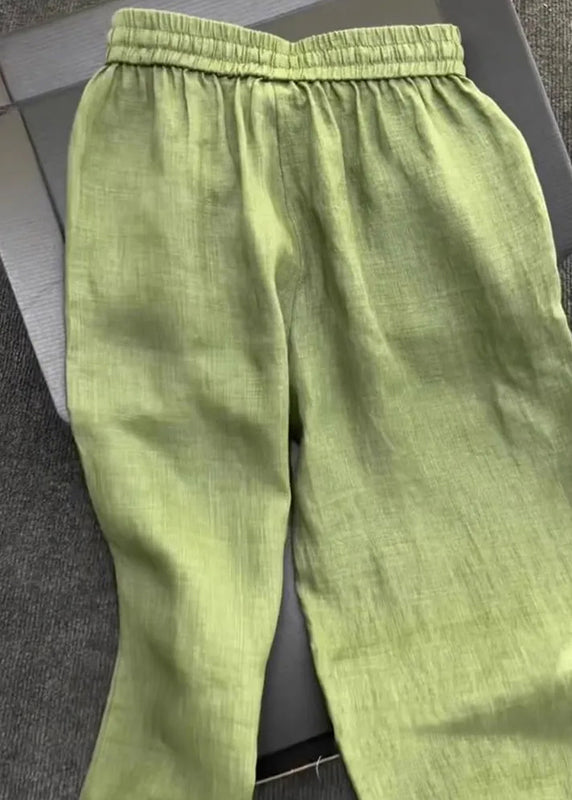 Simple Green Peter Pan Collar Shirt And Pants Linen Two Pieces Set Fall