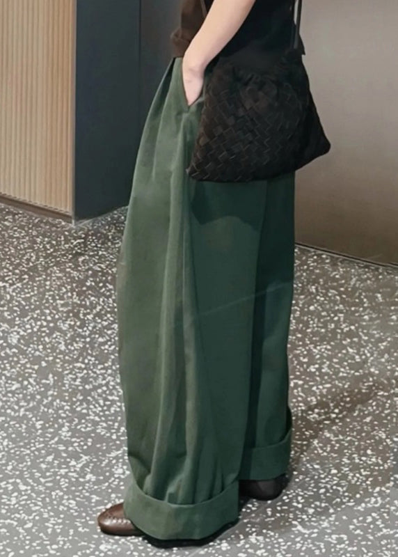 Simple Green Pockets High Waist Cotton Wide Leg Pants Fall