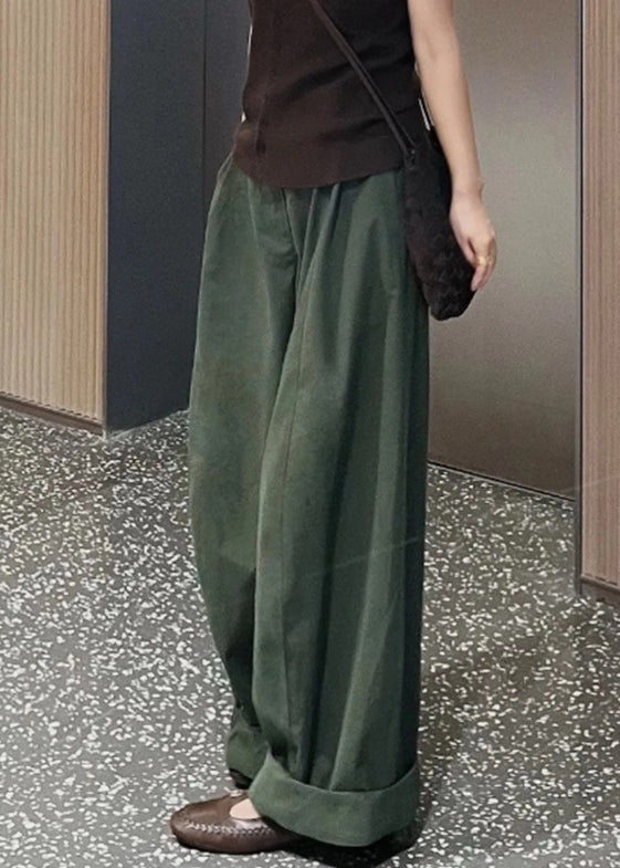 Simple Green Pockets High Waist Cotton Wide Leg Pants Fall